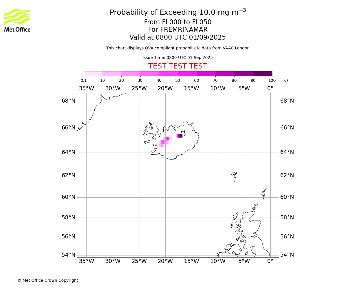 Probability of exceeding 10.0 milligrams per metre cubed. From 000 to 050 for FREMRINAMAR. Valid at 0800 UTC 01/09/2025