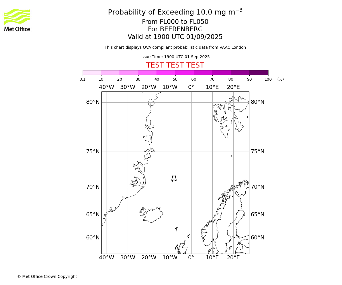 Probability of exceeding 10.0 milligrams per metre cubed. From 000 to 050 for BEERENBERG. Valid at 1900 UTC 01/09/2025