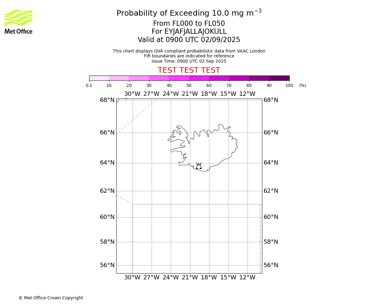 Probability of exceeding 10.0 milligrams per metre cubed. From 000 to 050 for EYJAFJALLAJOKULL. Valid at 0900 UTC 02/09/2025
