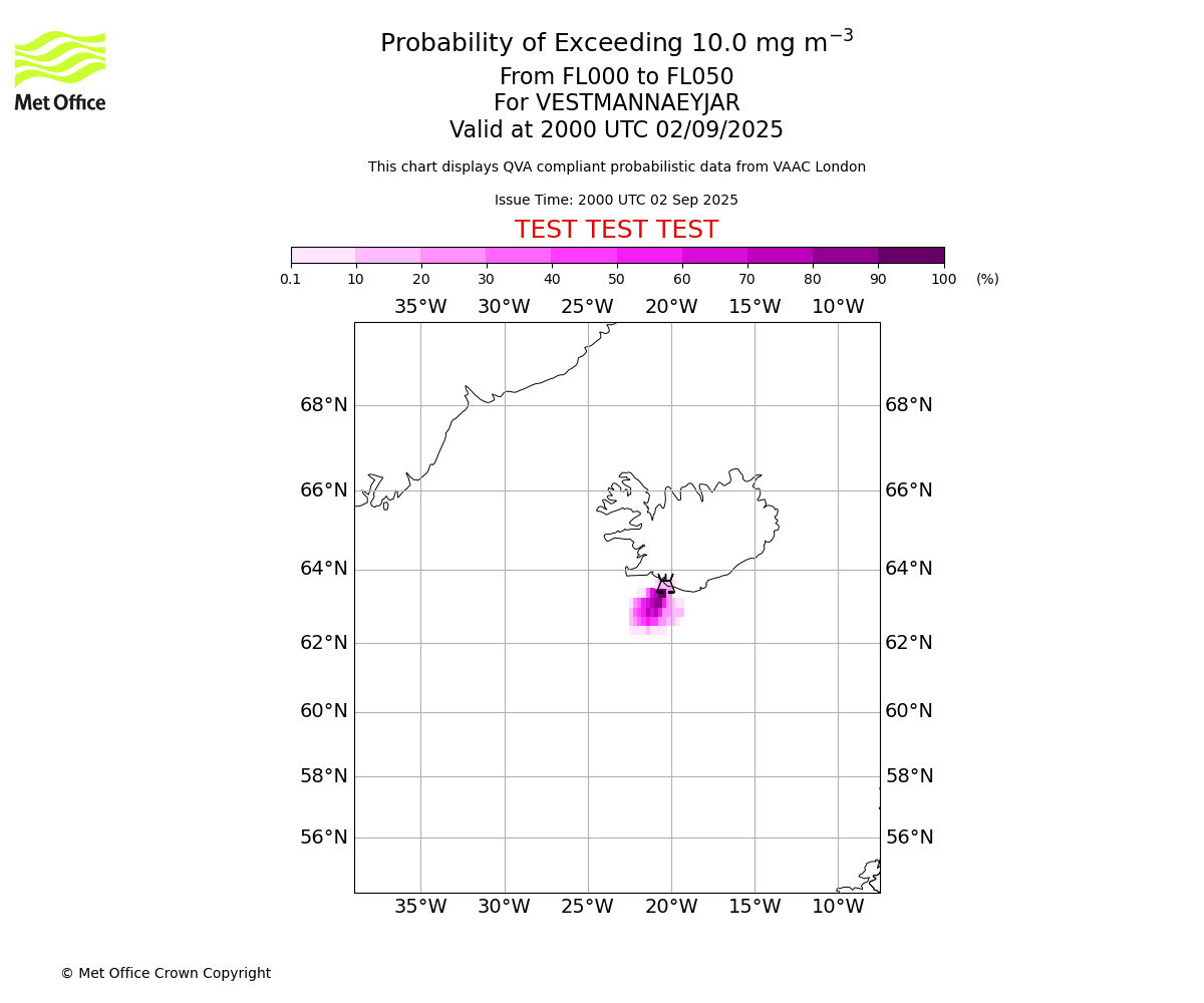 Probability of exceeding 10.0 milligrams per metre cubed. From 000 to 050 for VESTMANNAEYJAR. Valid at 2000 UTC 02/09/2025