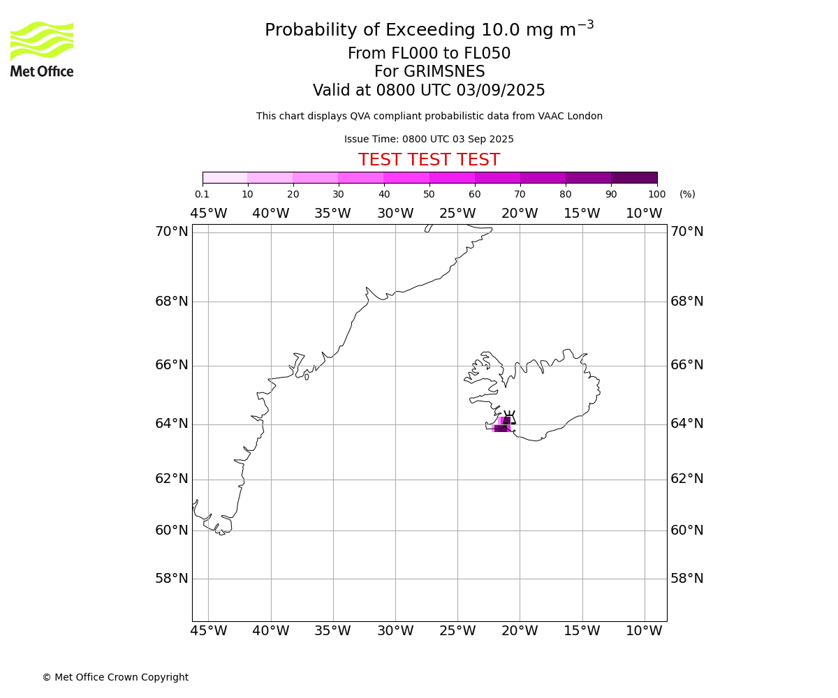 Probability of exceeding 10.0 milligrams per metre cubed. From 000 to 050 for GRIMSNES. Valid at 0800 UTC 03/09/2025