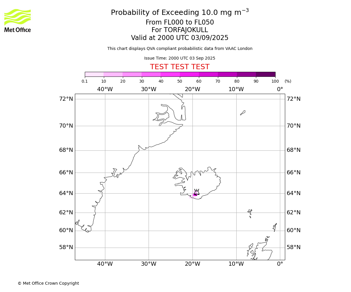 Probability of exceeding 10.0 milligrams per metre cubed. From 000 to 050 for TORFAJOKULL. Valid at 2000 UTC 03/09/2025