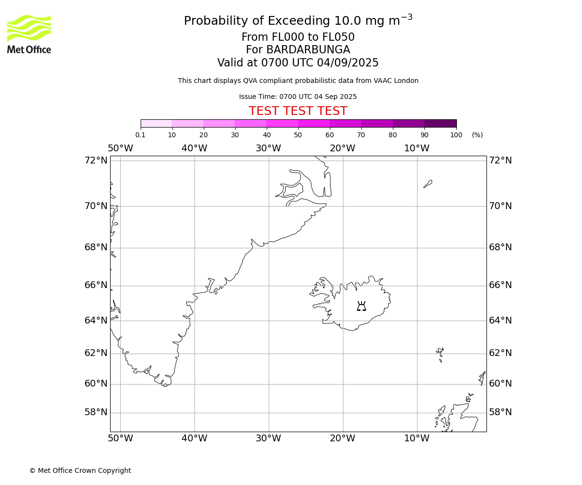 Probability of exceeding 10.0 milligrams per metre cubed. From 000 to 050 for BARDARBUNGA. Valid at 0700 UTC 04/09/2025