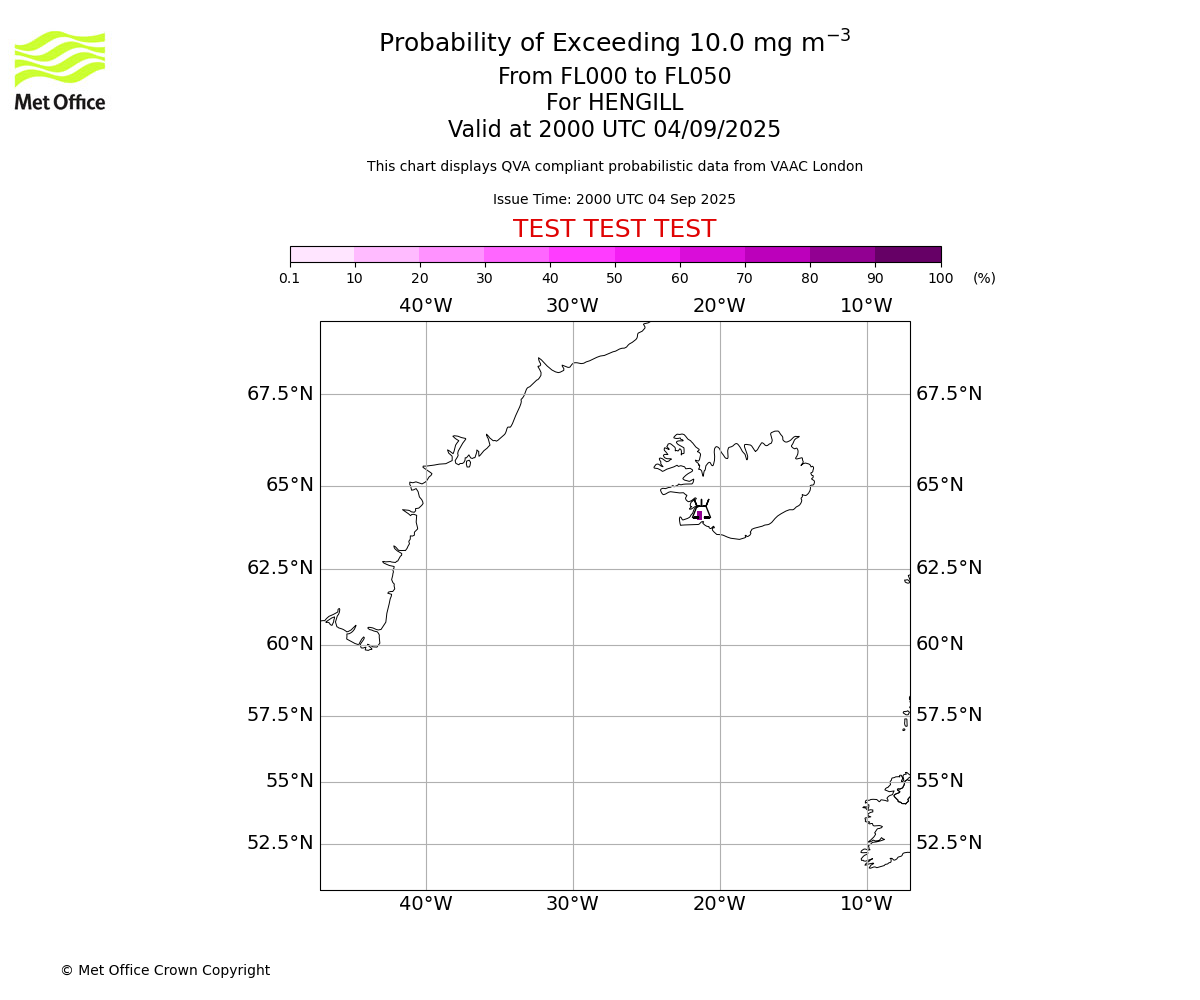 Probability of exceeding 10.0 milligrams per metre cubed. From 000 to 050 for HENGILL. Valid at 2000 UTC 04/09/2025