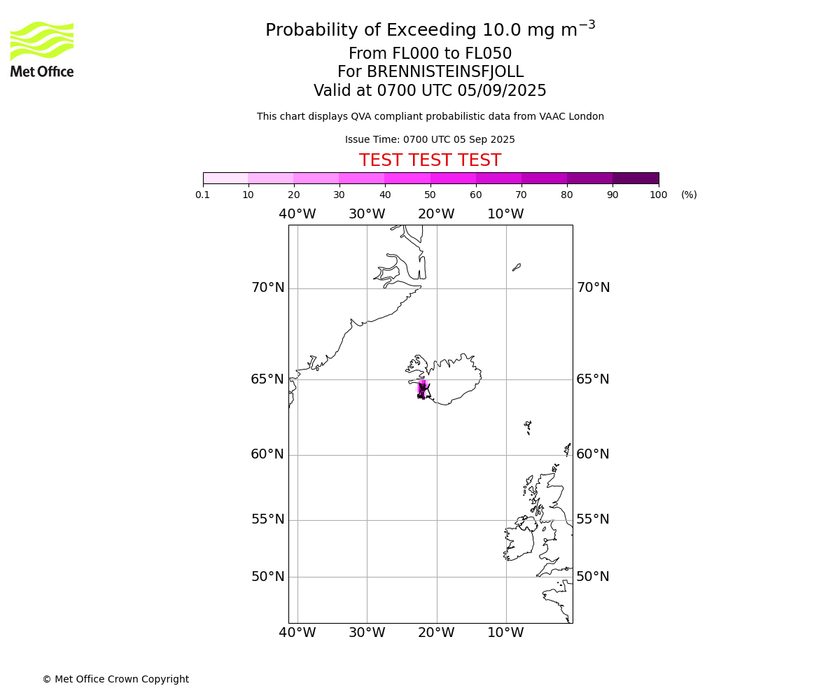 Probability of exceeding 10.0 milligrams per metre cubed. From 000 to 050 for BRENNISTEINSFJOLL. Valid at 0700 UTC 05/09/2025