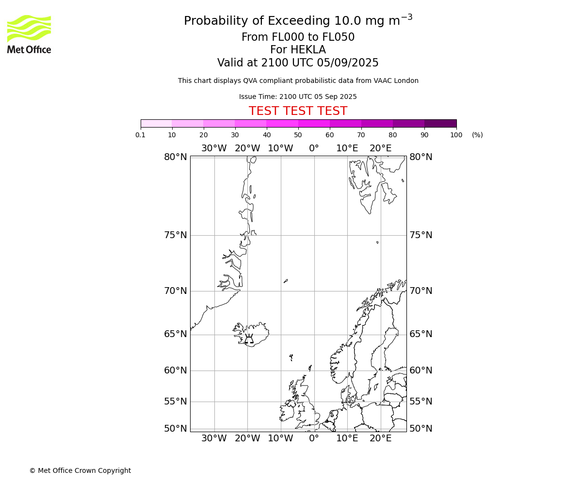 Probability of exceeding 10.0 milligrams per metre cubed. From 000 to 050 for HEKLA. Valid at 2100 UTC 05/09/2025