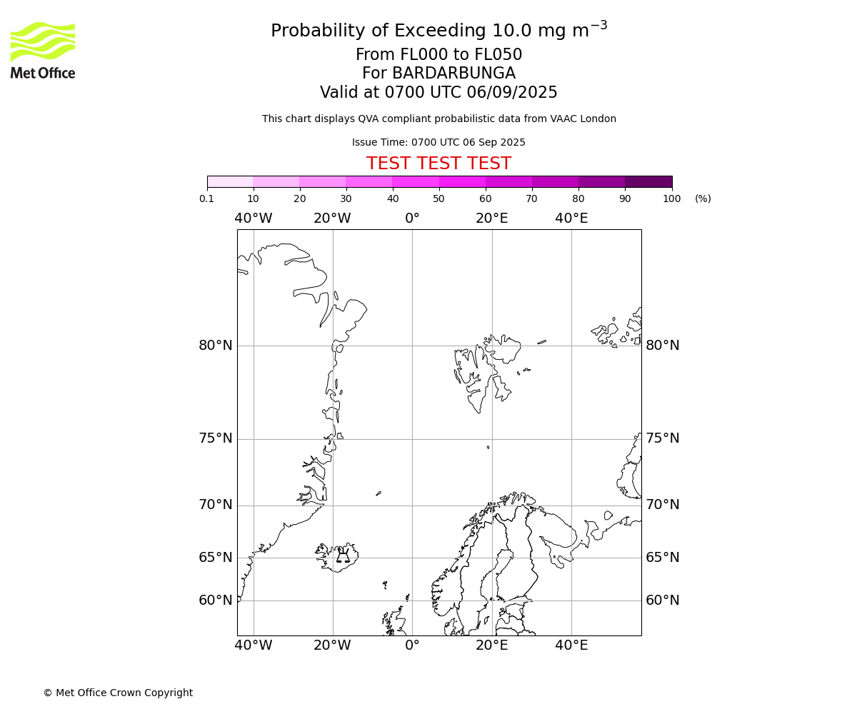 Probability of exceeding 10.0 milligrams per metre cubed. From 000 to 050 for BARDARBUNGA. Valid at 0700 UTC 06/09/2025