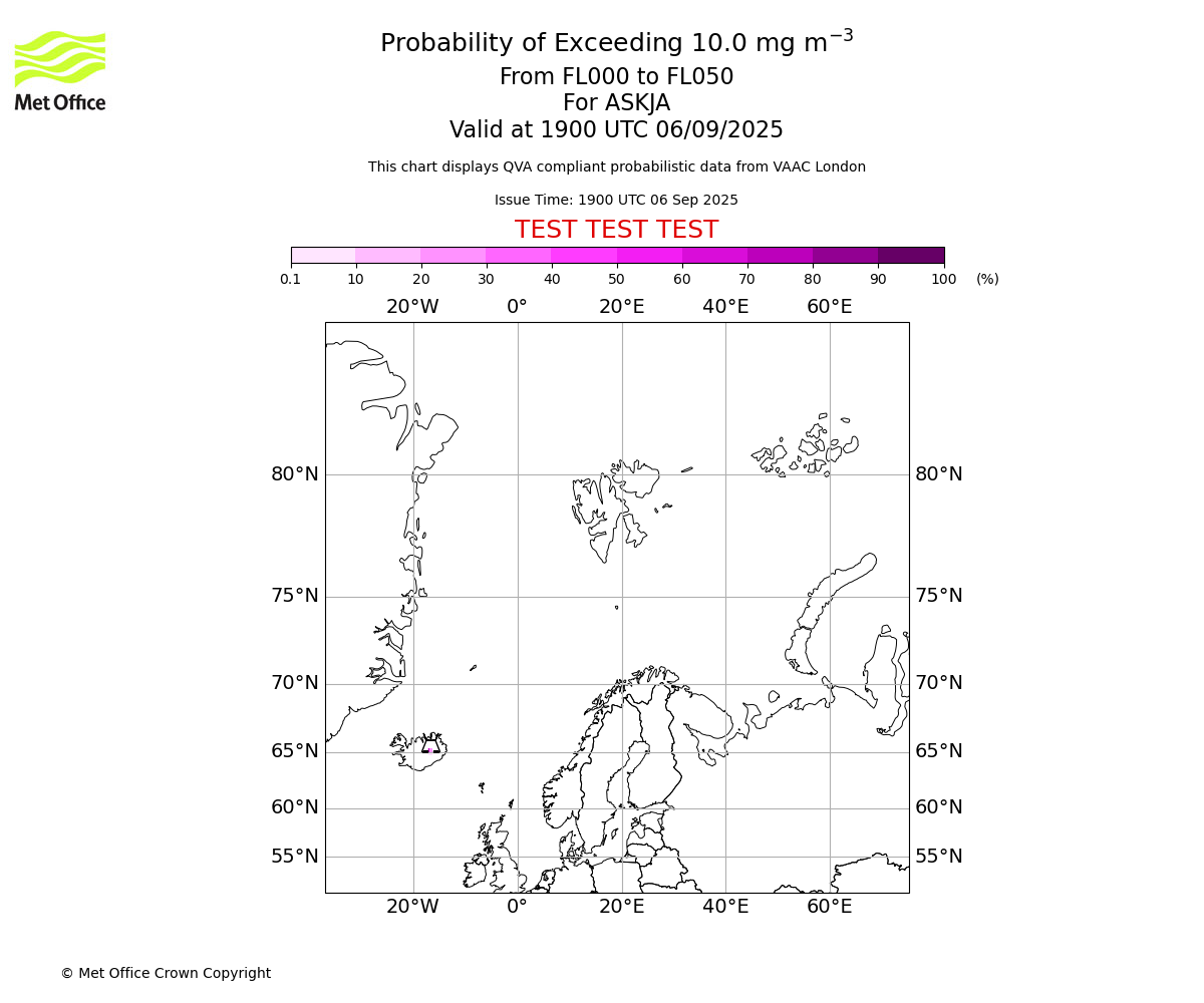 Probability of exceeding 10.0 milligrams per metre cubed. From 000 to 050 for ASKJA. Valid at 1900 UTC 06/09/2025
