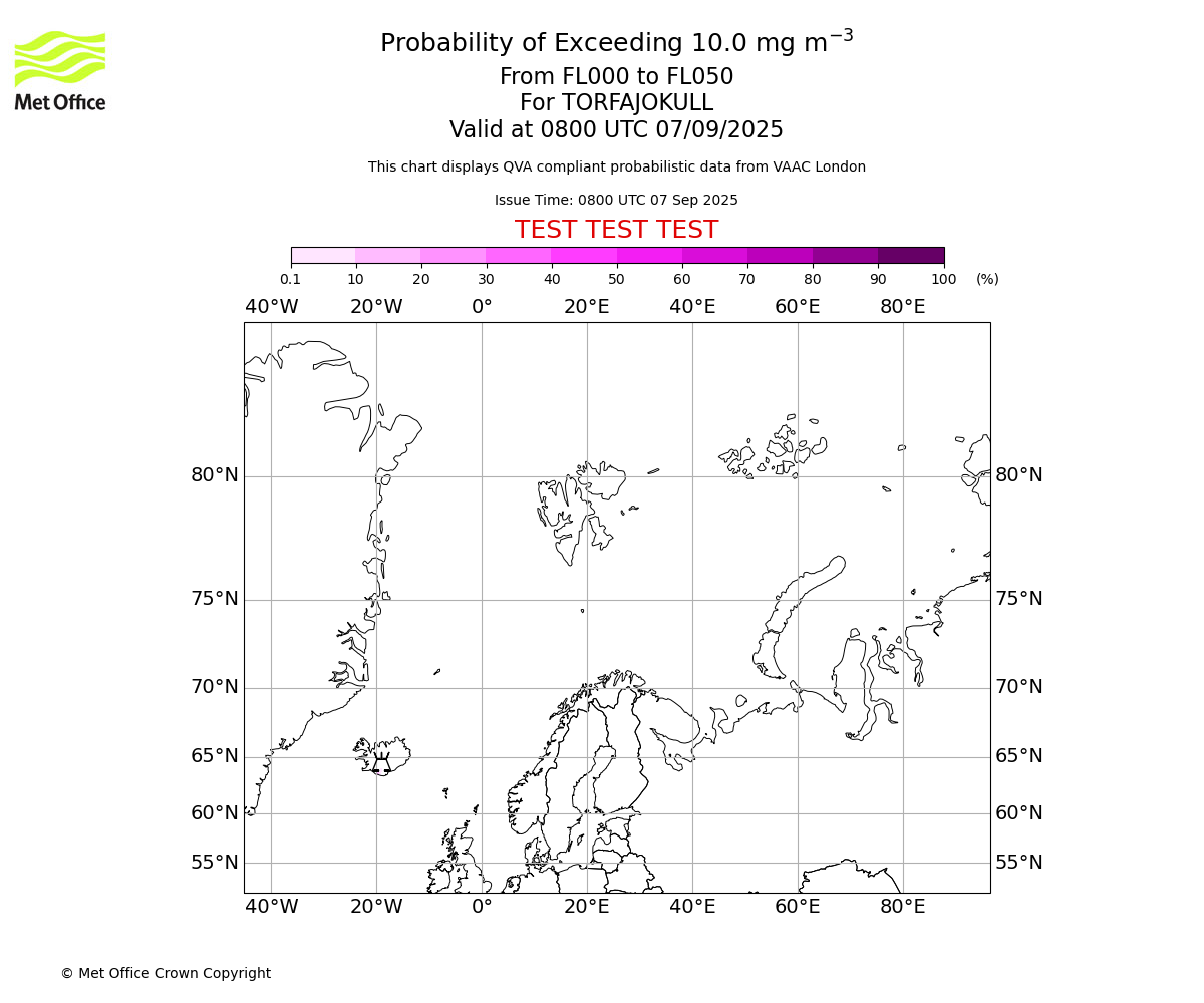 Probability of exceeding 10.0 milligrams per metre cubed. From 000 to 050 for TORFAJOKULL. Valid at 0800 UTC 07/09/2025