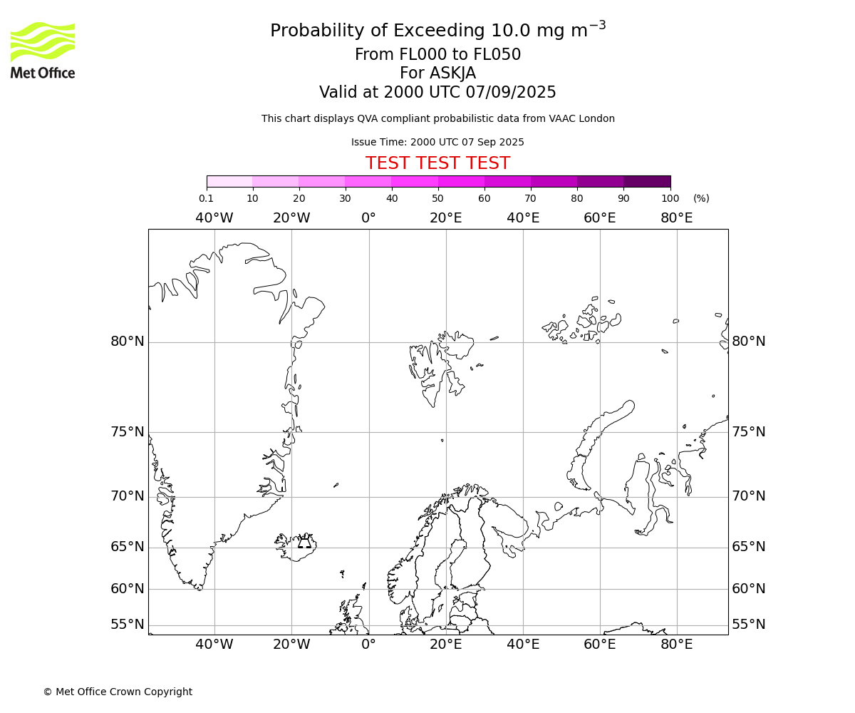 Probability of exceeding 10.0 milligrams per metre cubed. From 000 to 050 for ASKJA. Valid at 2000 UTC 07/09/2025
