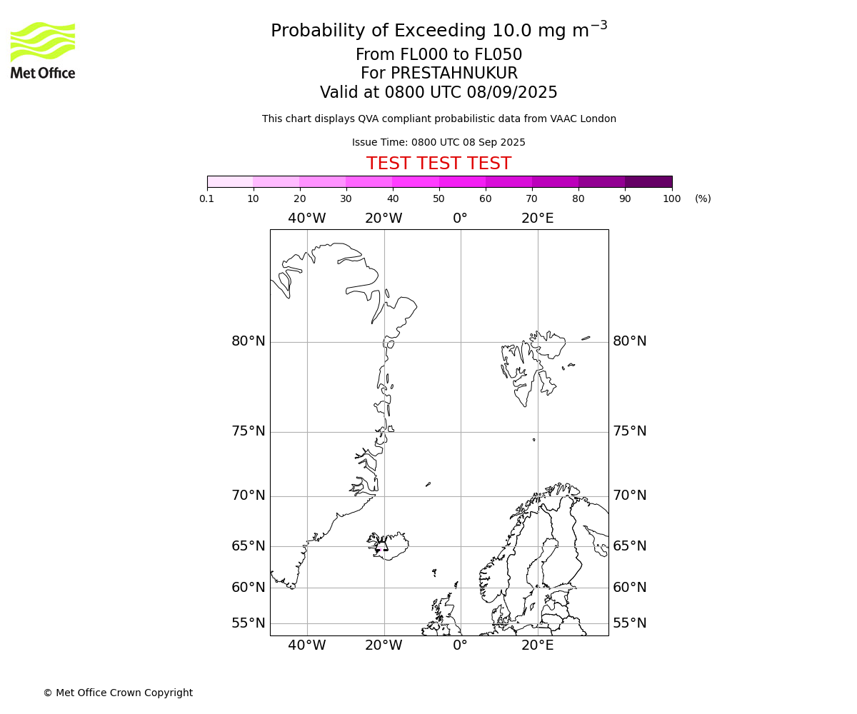 Probability of exceeding 10.0 milligrams per metre cubed. From 000 to 050 for PRESTAHNUKUR. Valid at 0800 UTC 08/09/2025
