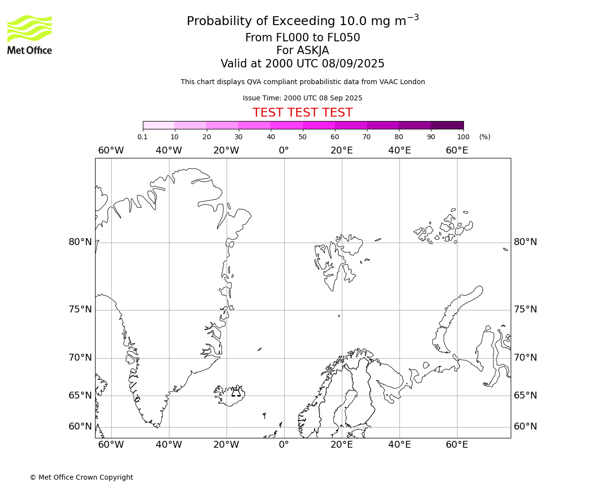 Probability of exceeding 10.0 milligrams per metre cubed. From 000 to 050 for ASKJA. Valid at 2000 UTC 08/09/2025