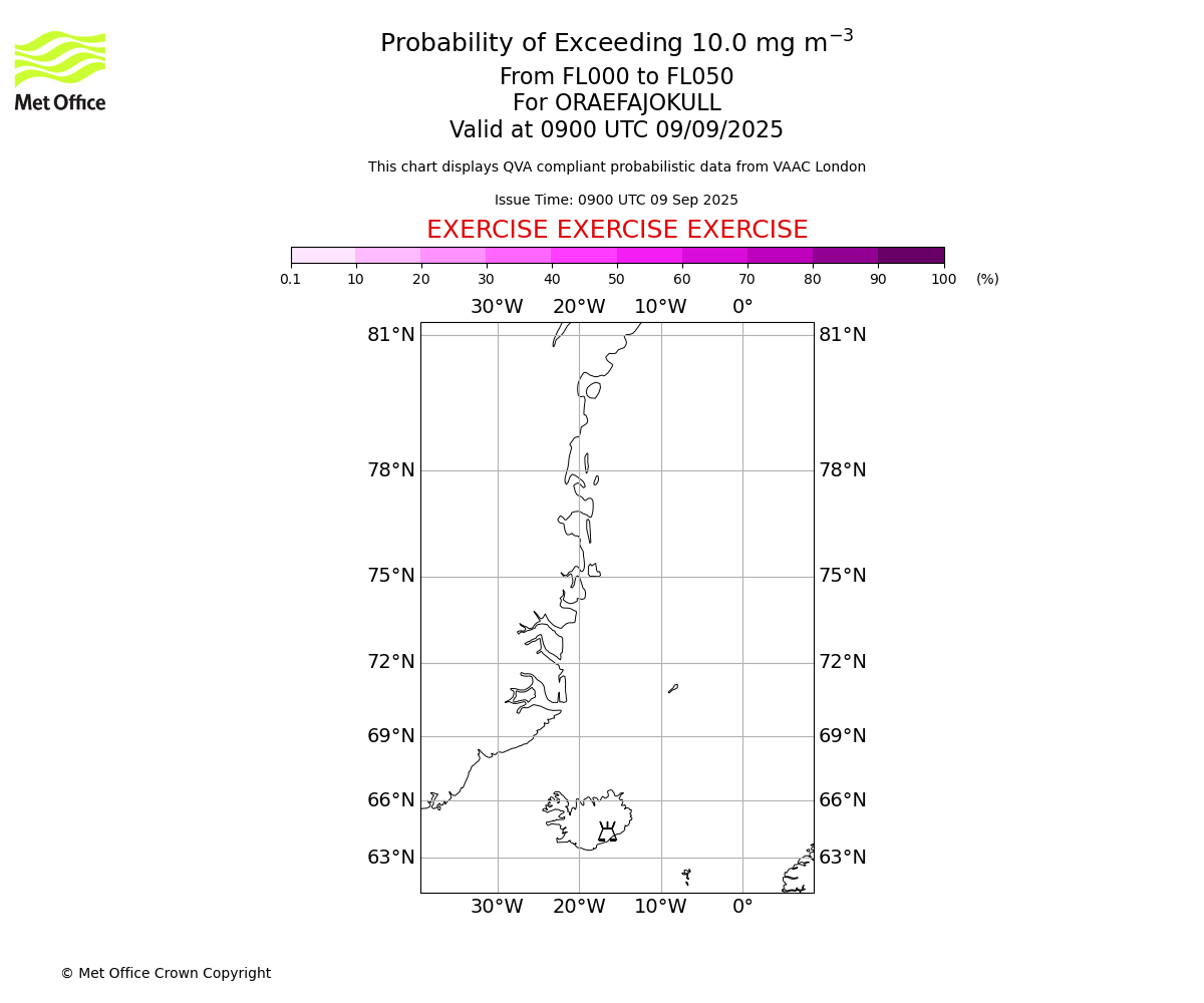 Probability of exceeding 10.0 milligrams per metre cubed. From 000 to 050 for ORAEFAJOKULL. Valid at 0900 UTC 09/09/2025