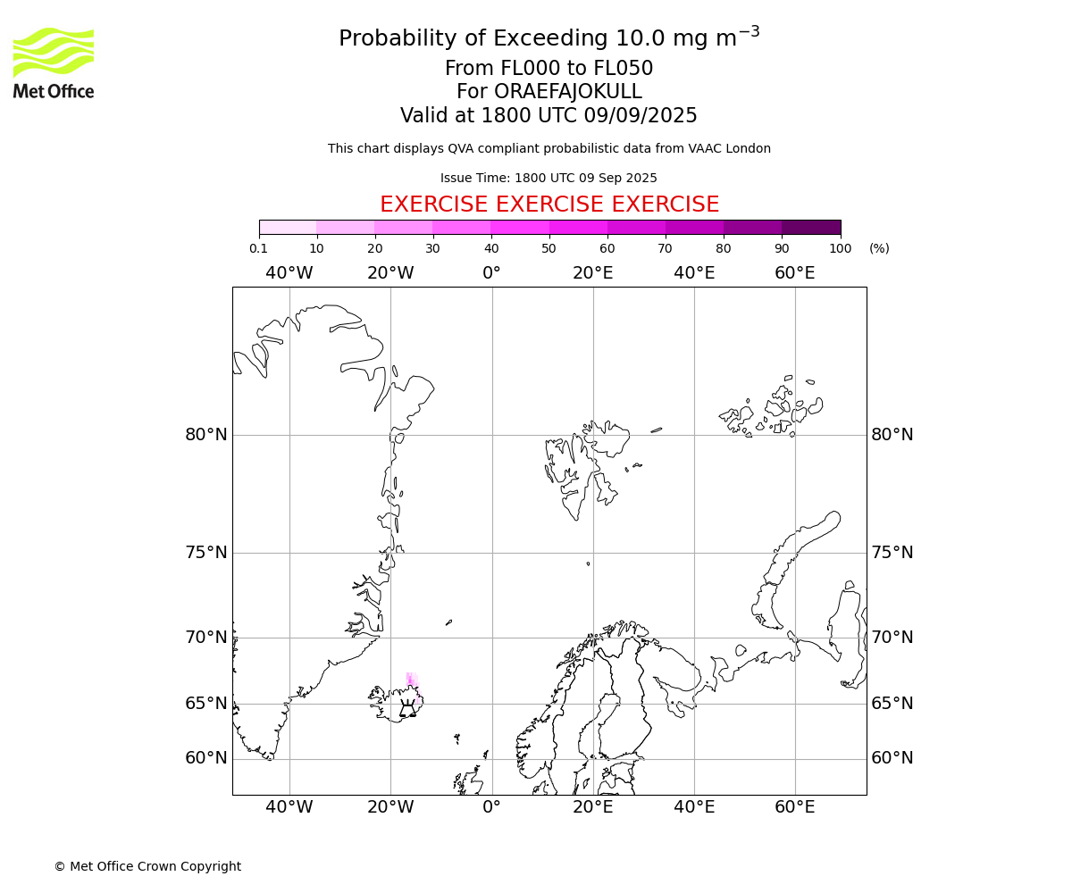 Probability of exceeding 10.0 milligrams per metre cubed. From 000 to 050 for ORAEFAJOKULL. Valid at 1800 UTC 09/09/2025