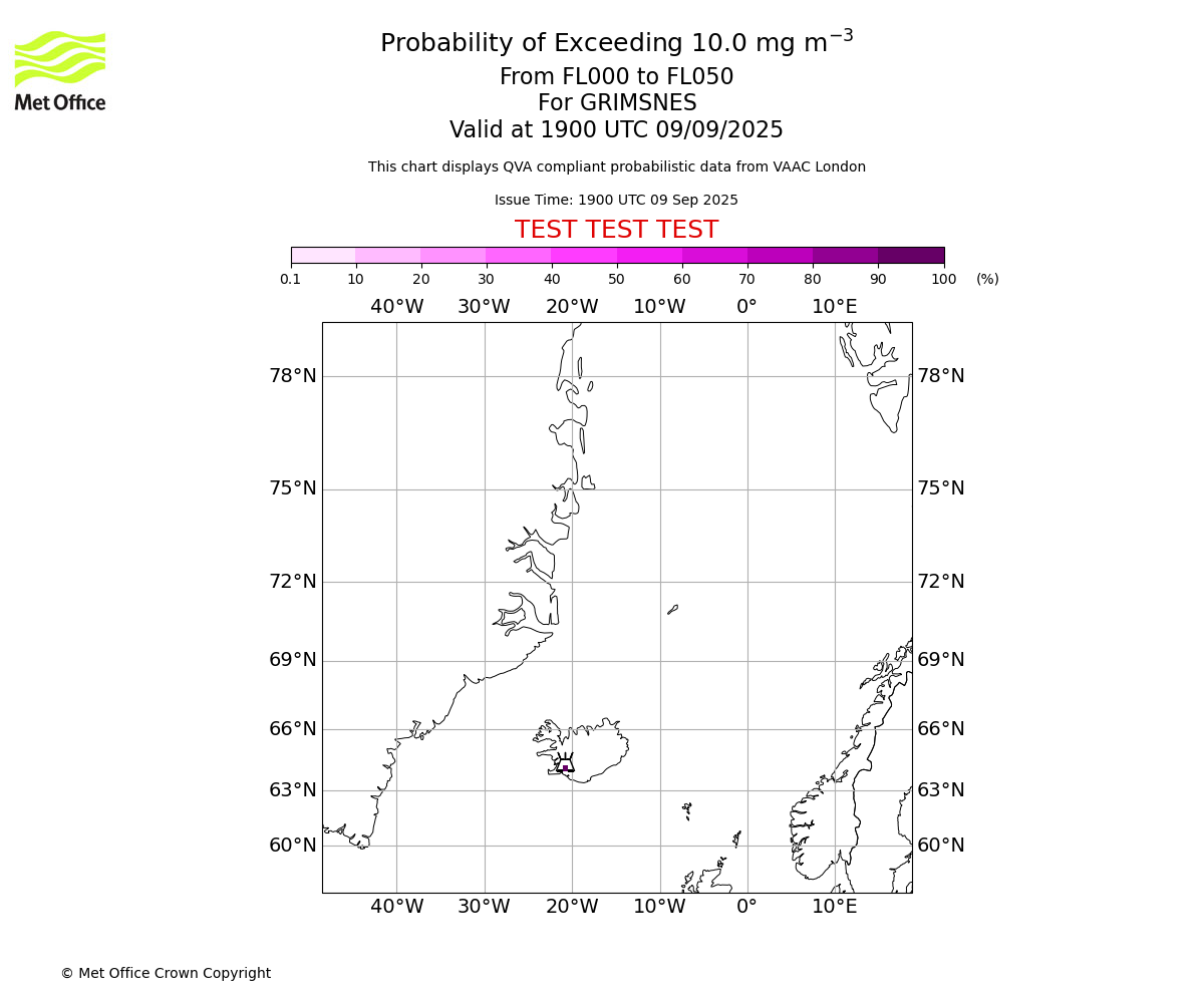Probability of exceeding 10.0 milligrams per metre cubed. From 000 to 050 for GRIMSNES. Valid at 1900 UTC 09/09/2025