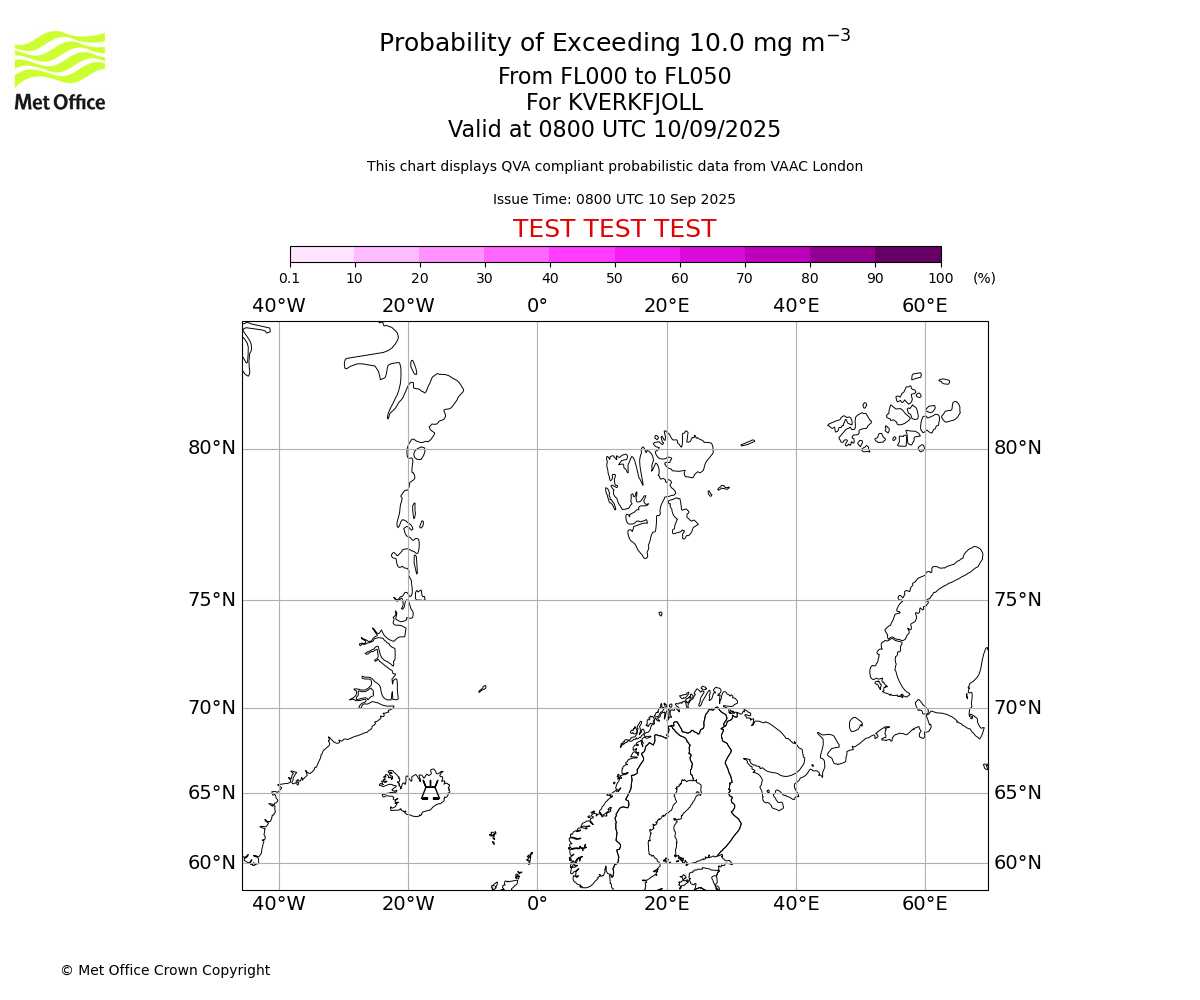 Probability of exceeding 10.0 milligrams per metre cubed. From 000 to 050 for KVERKFJOLL. Valid at 0800 UTC 10/09/2025