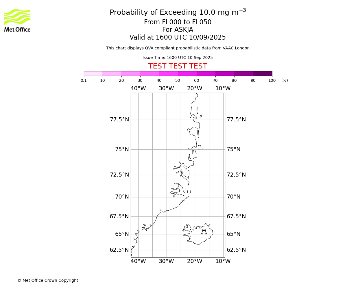 Probability of exceeding 10.0 milligrams per metre cubed. From 000 to 050 for ASKJA. Valid at 1600 UTC 10/09/2025