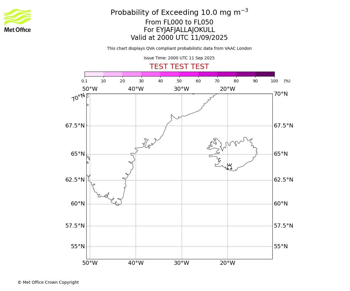 Probability of exceeding 10.0 milligrams per metre cubed. From 000 to 050 for EYJAFJALLAJOKULL. Valid at 2000 UTC 11/09/2025
