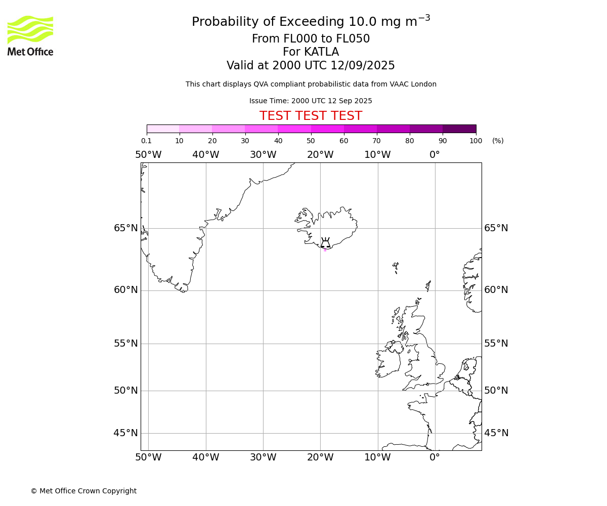Probability of exceeding 10.0 milligrams per metre cubed. From 000 to 050 for KATLA. Valid at 2000 UTC 12/09/2025