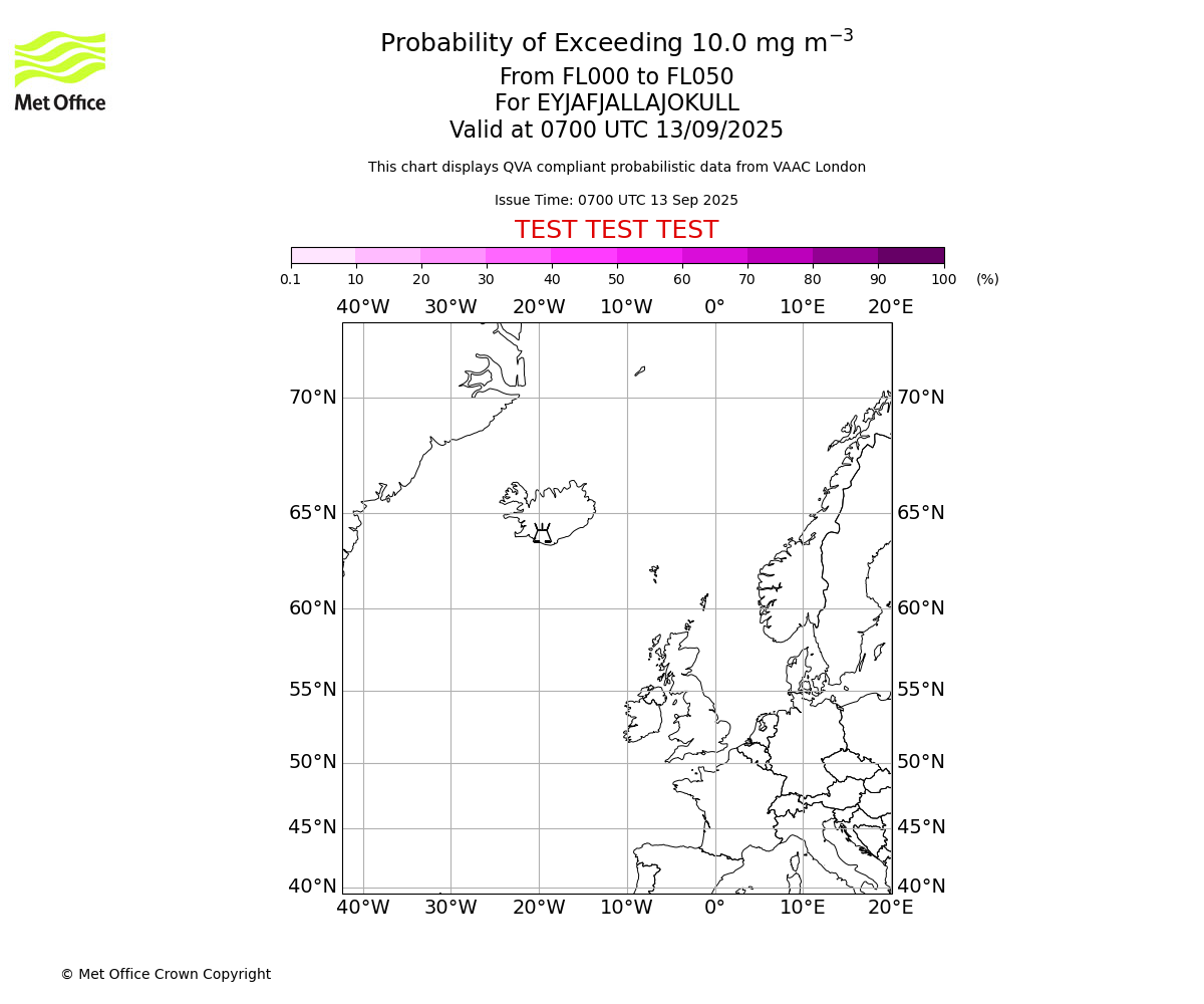 Probability of exceeding 10.0 milligrams per metre cubed. From 000 to 050 for EYJAFJALLAJOKULL. Valid at 0700 UTC 13/09/2025