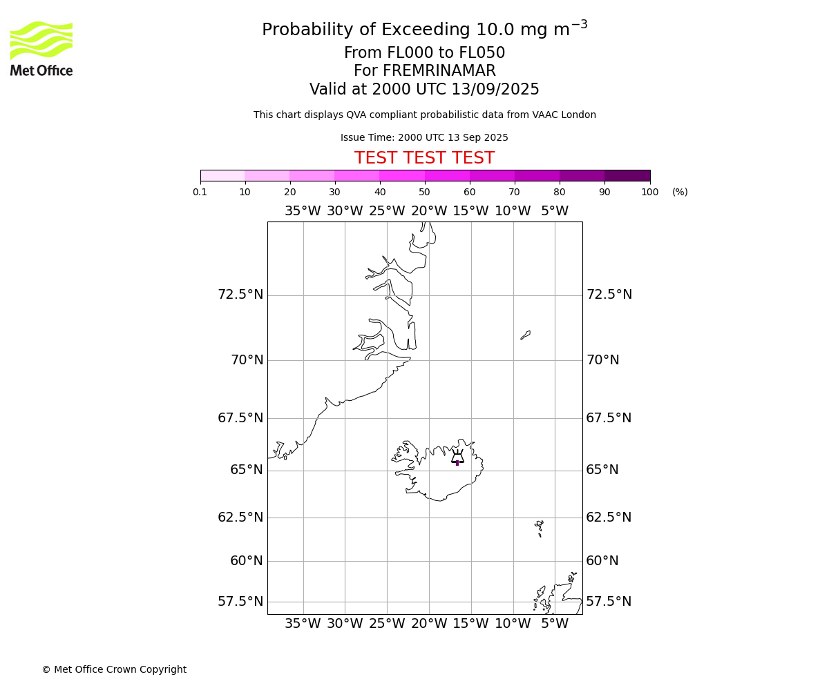 Probability of exceeding 10.0 milligrams per metre cubed. From 000 to 050 for FREMRINAMAR. Valid at 2000 UTC 13/09/2025