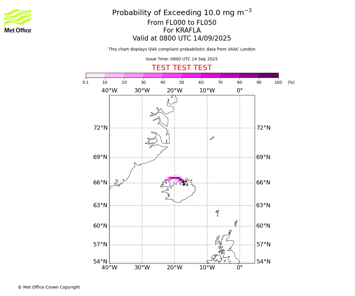 Probability of exceeding 10.0 milligrams per metre cubed. From 000 to 050 for KRAFLA. Valid at 0800 UTC 14/09/2025