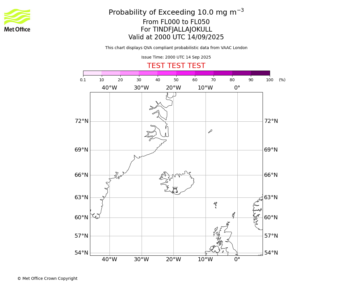 Probability of exceeding 10.0 milligrams per metre cubed. From 000 to 050 for TINDFJALLAJOKULL. Valid at 2000 UTC 14/09/2025