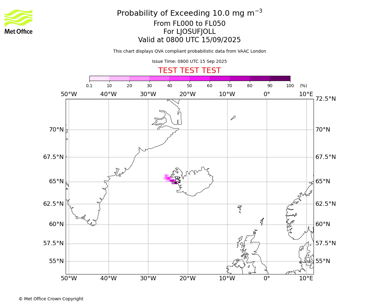 Probability of exceeding 10.0 milligrams per metre cubed. From 000 to 050 for LJOSUFJOLL. Valid at 0800 UTC 15/09/2025