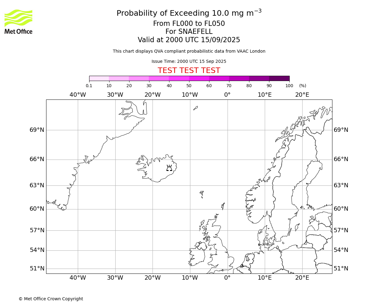 Probability of exceeding 10.0 milligrams per metre cubed. From 000 to 050 for SNAEFELL. Valid at 2000 UTC 15/09/2025