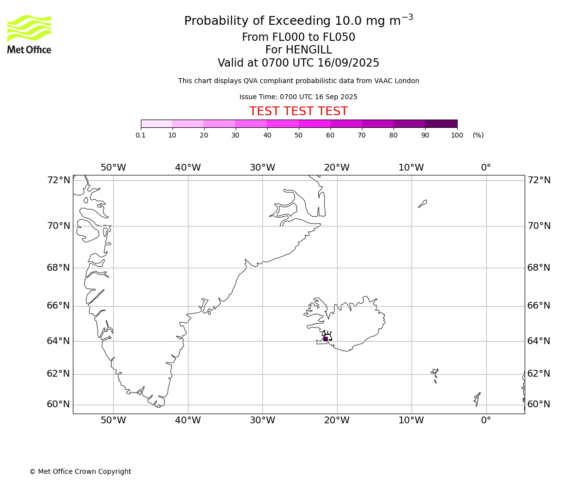 Probability of exceeding 10.0 milligrams per metre cubed. From 000 to 050 for HENGILL. Valid at 0700 UTC 16/09/2025
