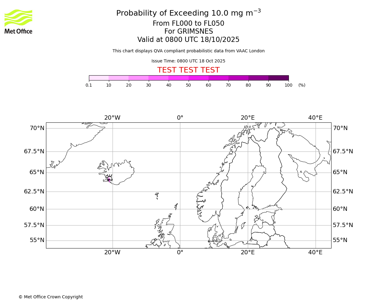 Probability of exceeding 10.0 milligrams per metre cubed. From 000 to 050 for GRIMSNES. Valid at 0800 UTC 18/10/2025