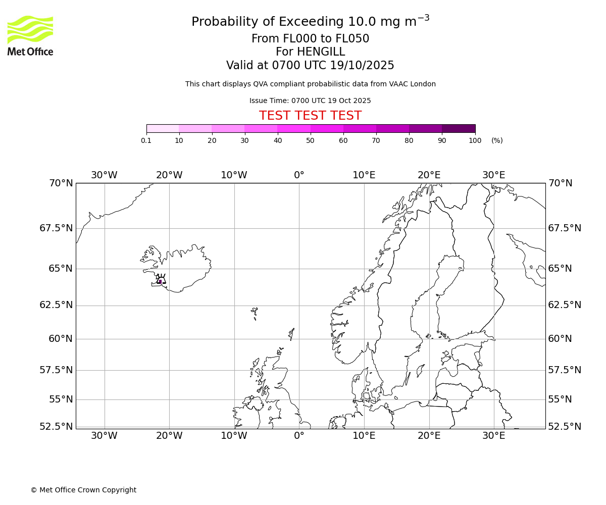 Probability of exceeding 10.0 milligrams per metre cubed. From 000 to 050 for HENGILL. Valid at 0700 UTC 19/10/2025