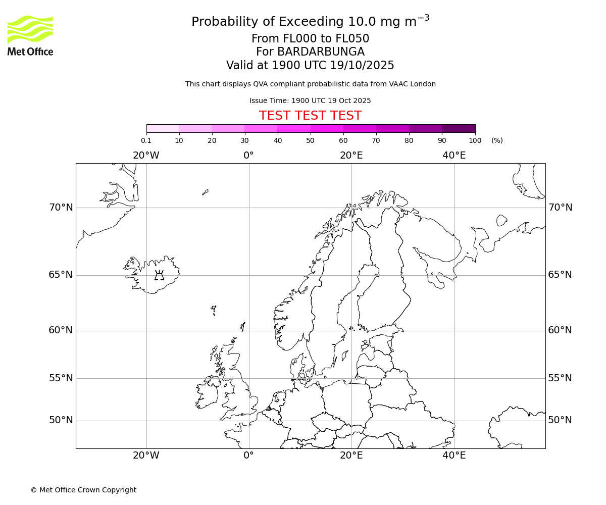 Probability of exceeding 10.0 milligrams per metre cubed. From 000 to 050 for BARDARBUNGA. Valid at 1900 UTC 19/10/2025