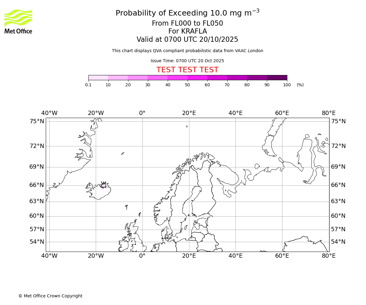 Probability of exceeding 10.0 milligrams per metre cubed. From 000 to 050 for KRAFLA. Valid at 0700 UTC 20/10/2025