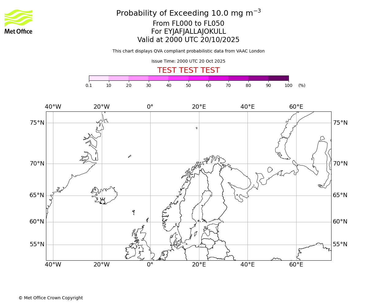 Probability of exceeding 10.0 milligrams per metre cubed. From 000 to 050 for EYJAFJALLAJOKULL. Valid at 2000 UTC 20/10/2025