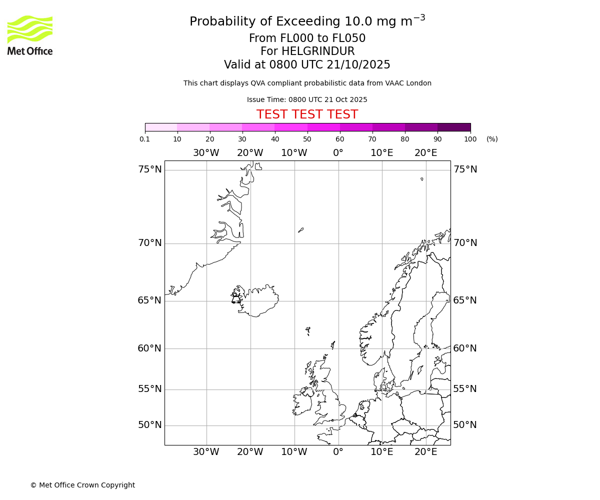Probability of exceeding 10.0 milligrams per metre cubed. From 000 to 050 for HELGRINDUR. Valid at 0800 UTC 21/10/2025