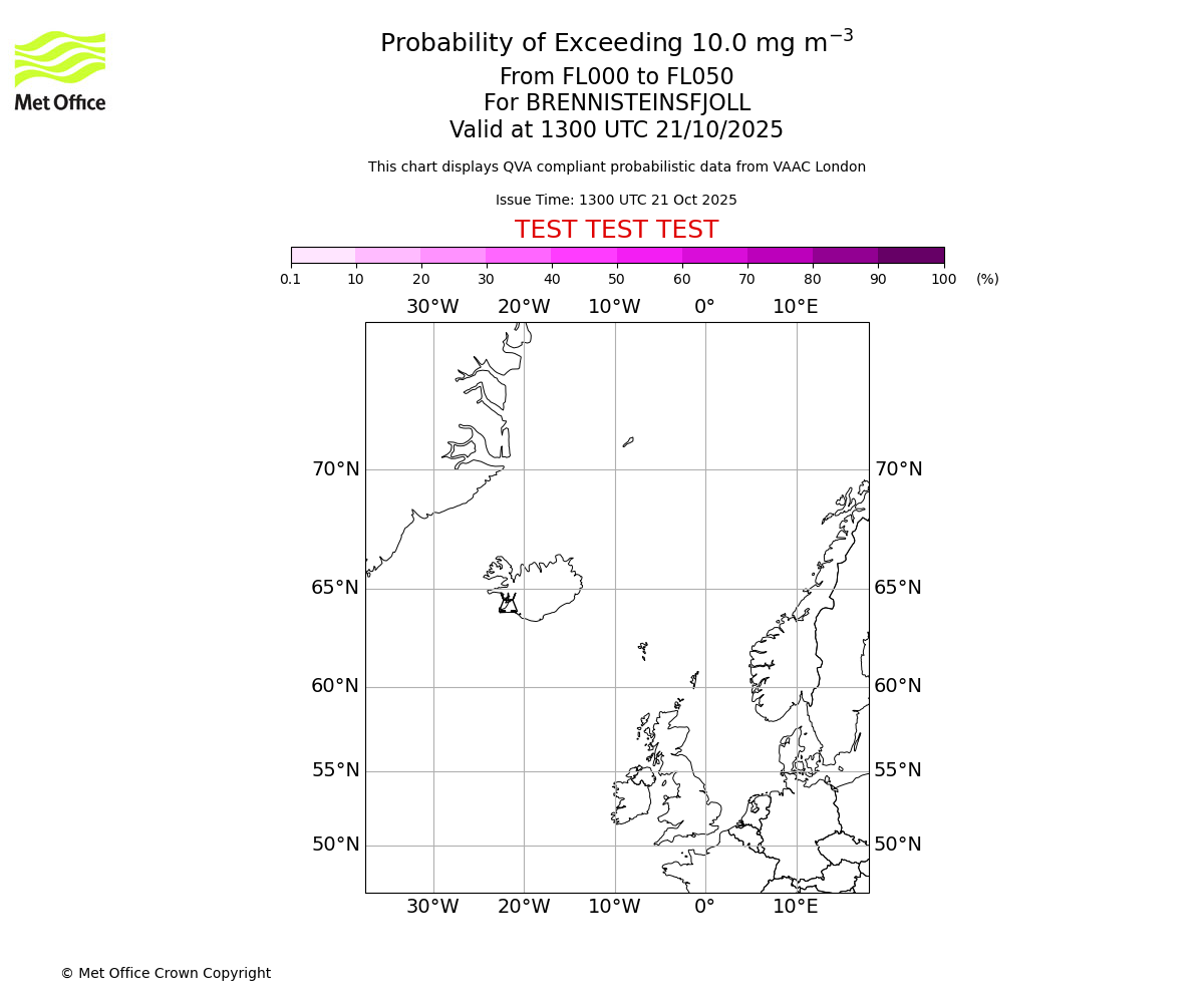 Probability of exceeding 10.0 milligrams per metre cubed. From 000 to 050 for BRENNISTEINSFJOLL. Valid at 1300 UTC 21/10/2025