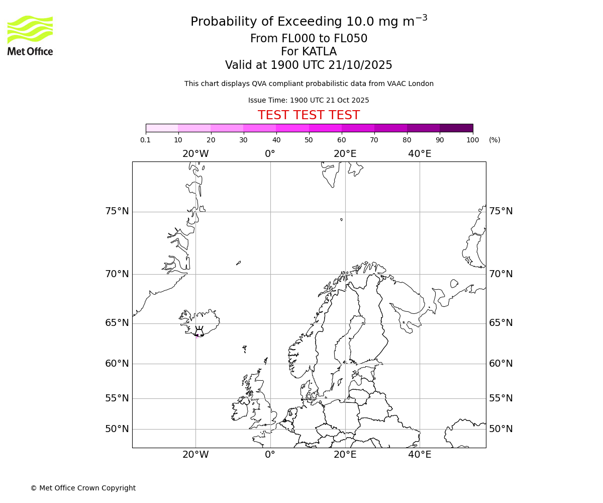 Probability of exceeding 10.0 milligrams per metre cubed. From 000 to 050 for KATLA. Valid at 1900 UTC 21/10/2025