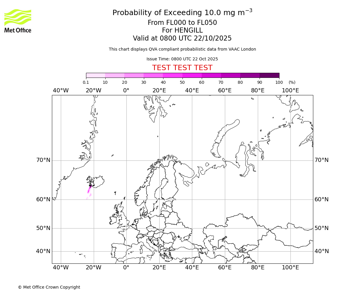 Probability of exceeding 10.0 milligrams per metre cubed. From 000 to 050 for HENGILL. Valid at 0800 UTC 22/10/2025