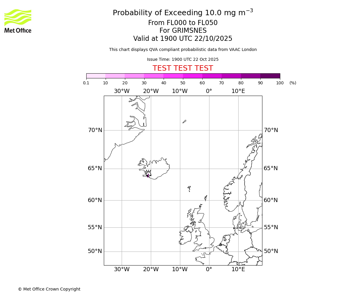 Probability of exceeding 10.0 milligrams per metre cubed. From 000 to 050 for GRIMSNES. Valid at 1900 UTC 22/10/2025