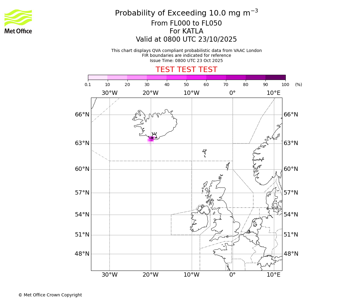 Probability of exceeding 10.0 milligrams per metre cubed. From 000 to 050 for KATLA. Valid at 0800 UTC 23/10/2025