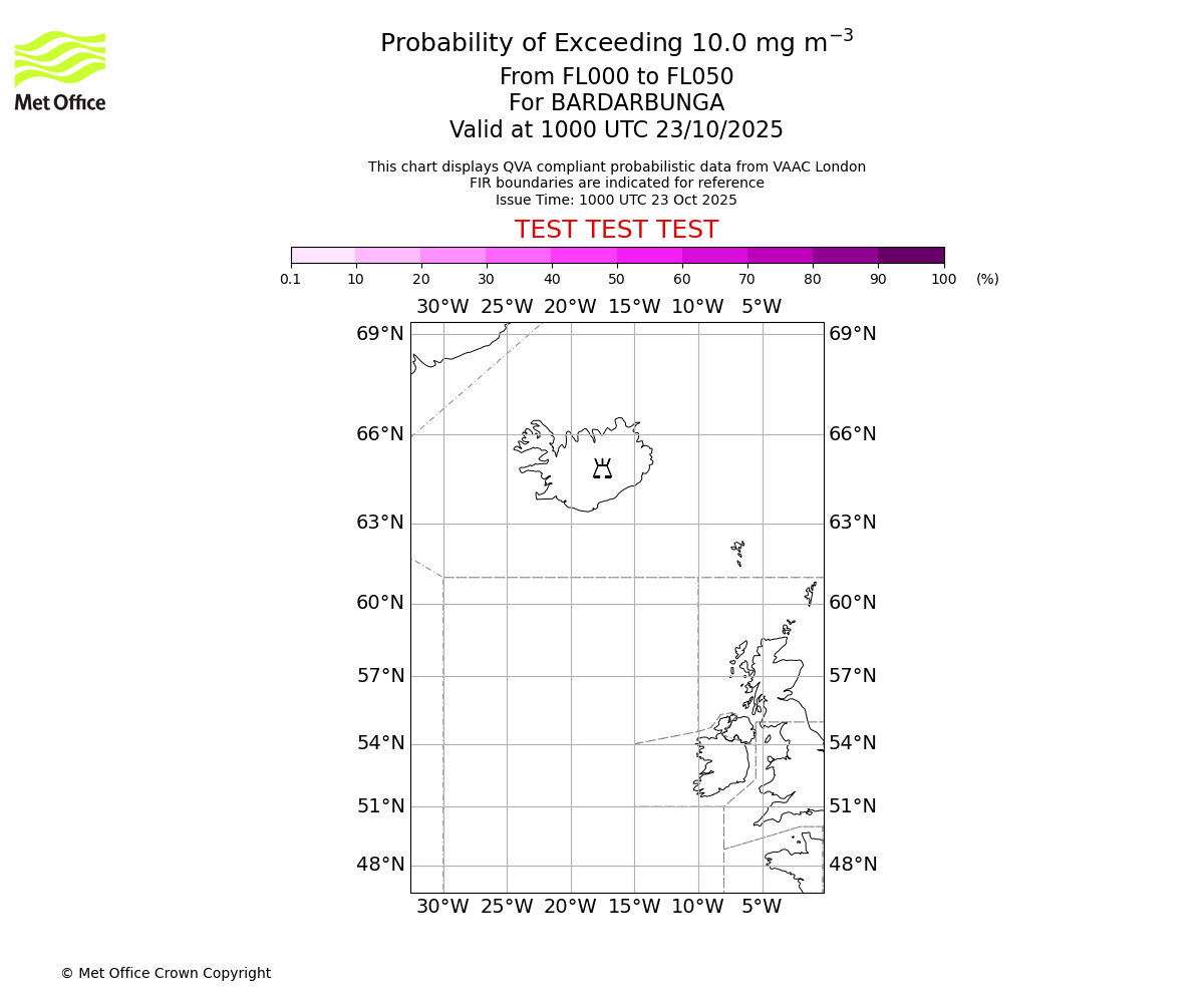 Probability of exceeding 10.0 milligrams per metre cubed. From 000 to 050 for BARDARBUNGA. Valid at 1000 UTC 23/10/2025