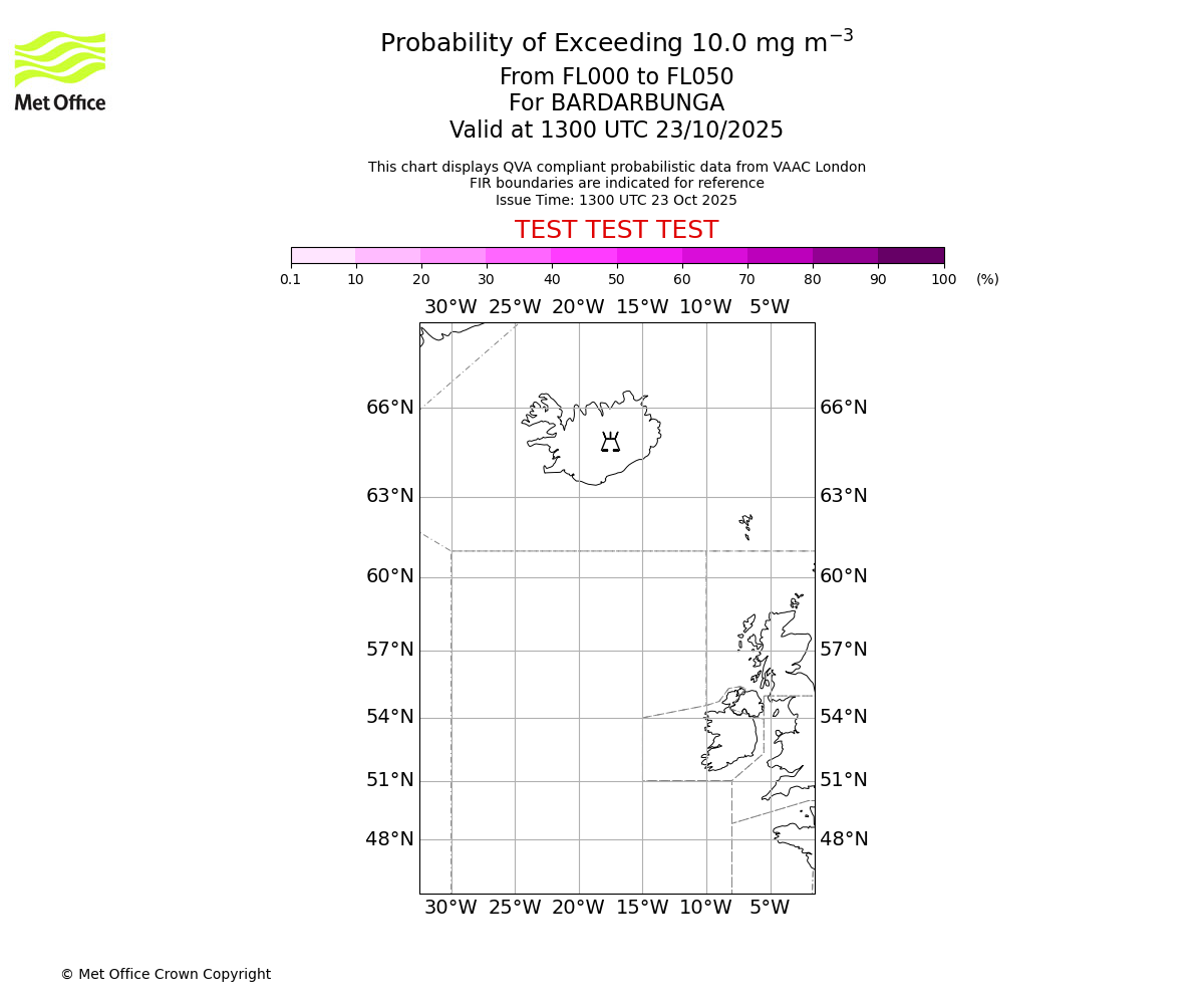 Probability of exceeding 10.0 milligrams per metre cubed. From 000 to 050 for BARDARBUNGA. Valid at 1300 UTC 23/10/2025