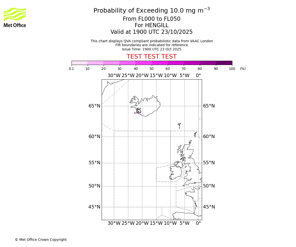 Probability of exceeding 10.0 milligrams per metre cubed. From 000 to 050 for HENGILL. Valid at 1900 UTC 23/10/2025