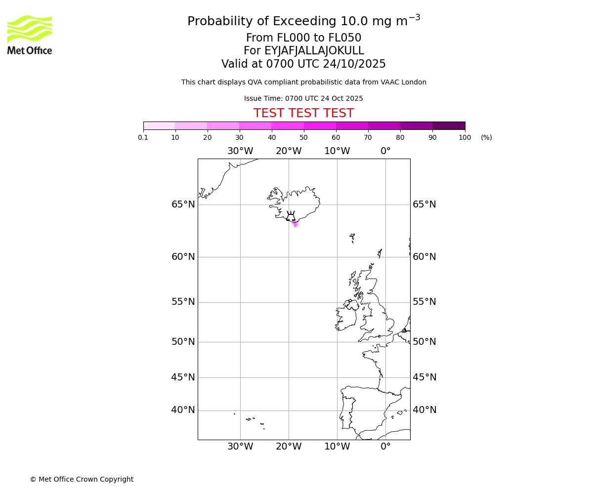 Probability of exceeding 10.0 milligrams per metre cubed. From 000 to 050 for EYJAFJALLAJOKULL. Valid at 0700 UTC 24/10/2025