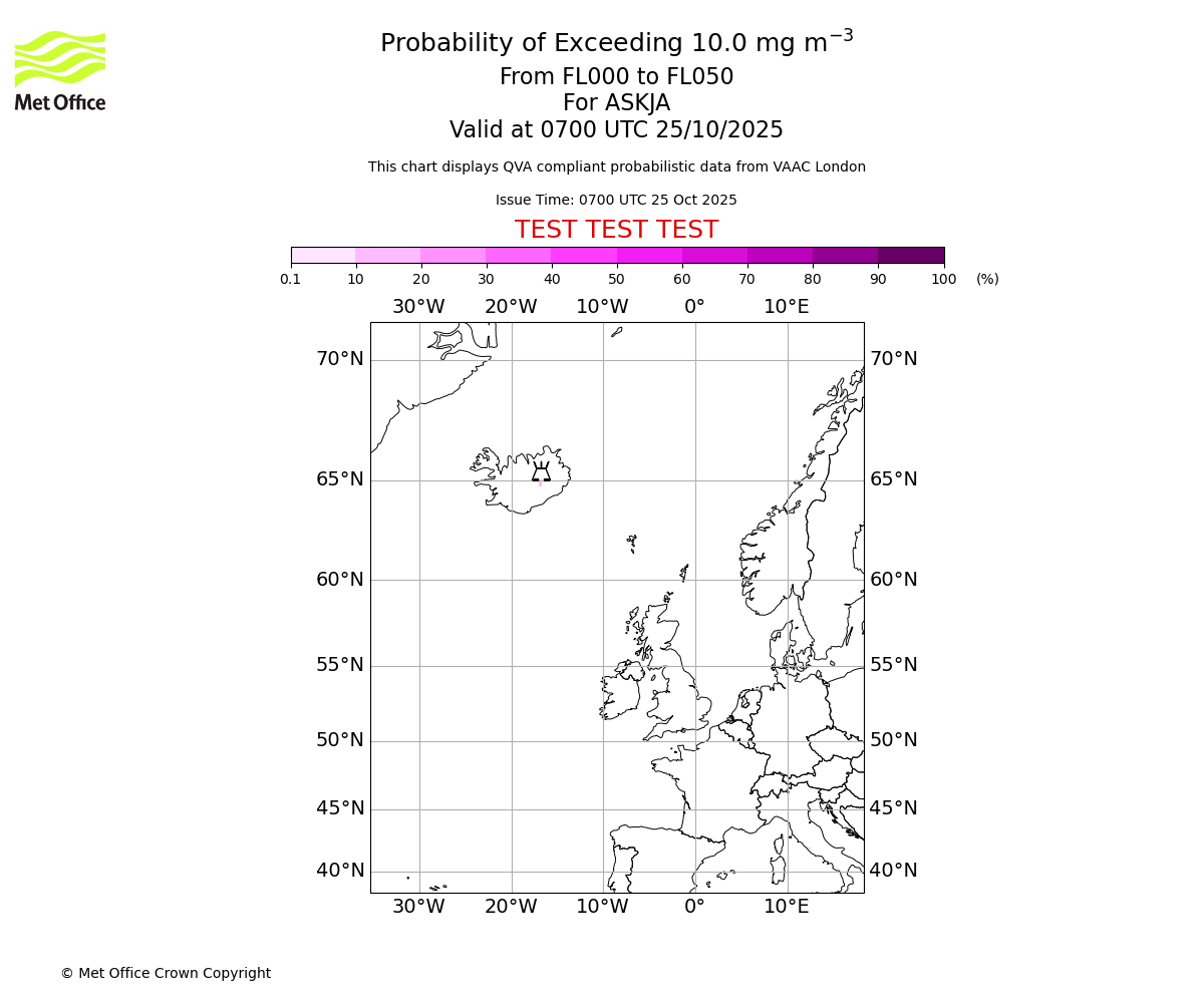 Probability of exceeding 10.0 milligrams per metre cubed. From 000 to 050 for ASKJA. Valid at 0700 UTC 25/10/2025