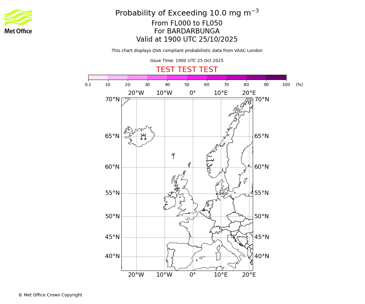 Probability of exceeding 10.0 milligrams per metre cubed. From 000 to 050 for BARDARBUNGA. Valid at 1900 UTC 25/10/2025