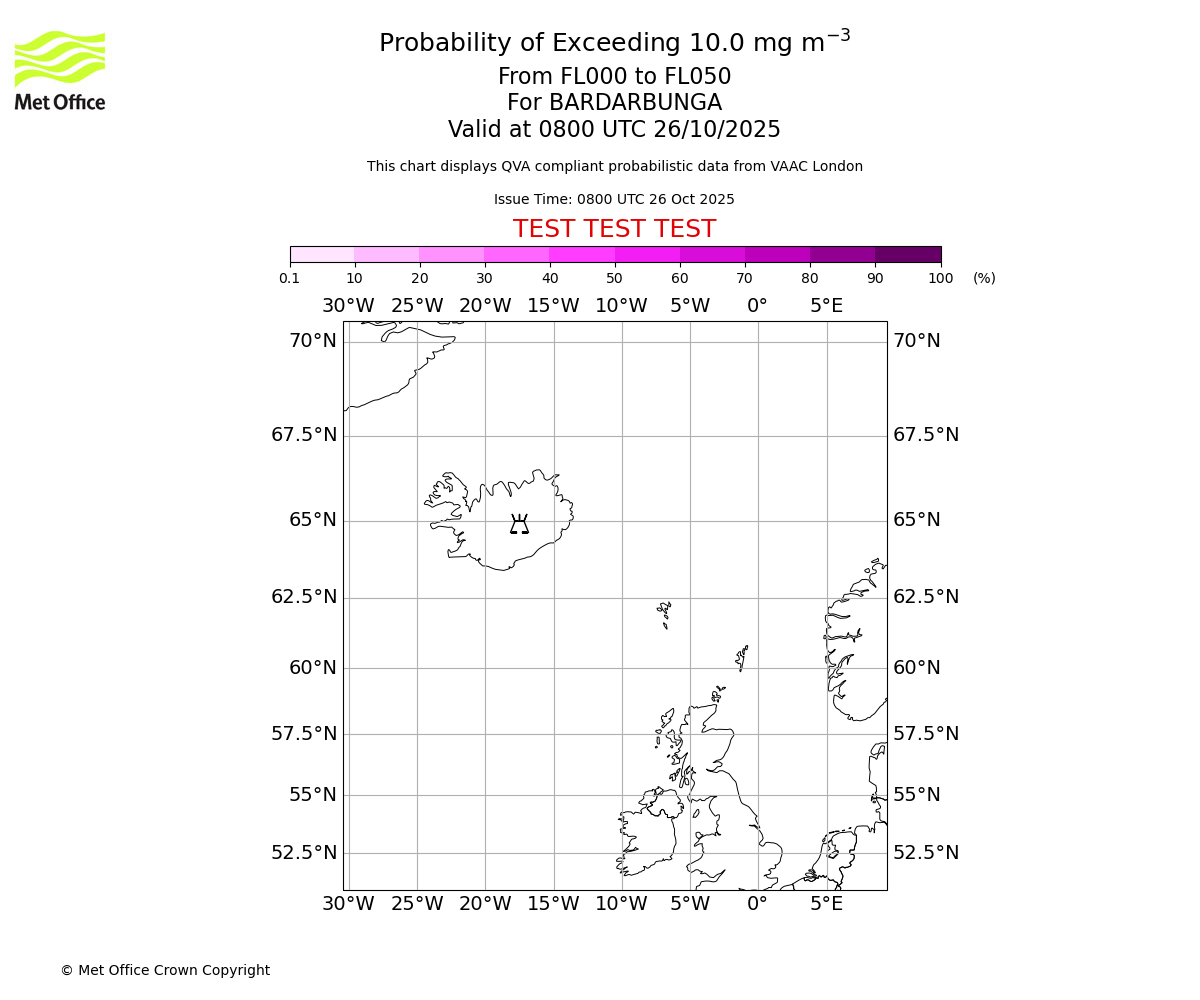 Probability of exceeding 10.0 milligrams per metre cubed. From 000 to 050 for BARDARBUNGA. Valid at 0800 UTC 26/10/2025