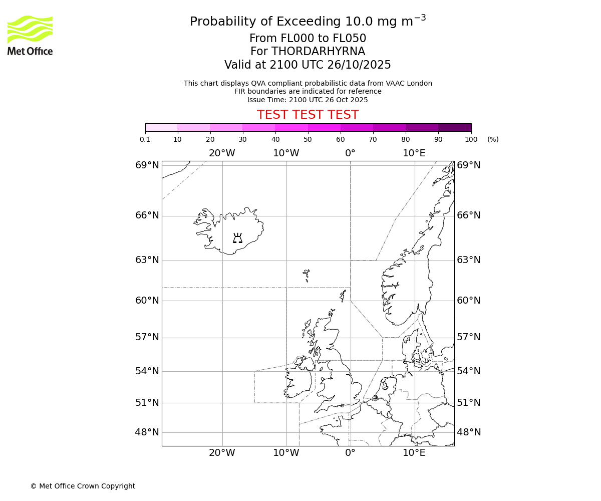 Probability of exceeding 10.0 milligrams per metre cubed. From 000 to 050 for THORDARHYRNA. Valid at 2100 UTC 26/10/2025