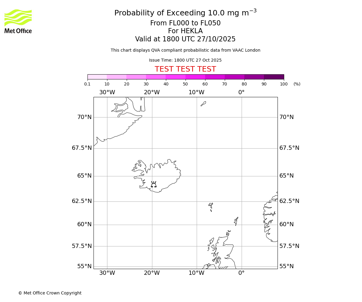 Probability of exceeding 10.0 milligrams per metre cubed. From 000 to 050 for HEKLA. Valid at 1800 UTC 27/10/2025